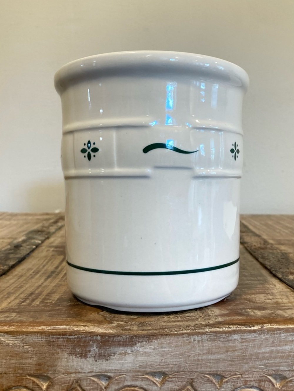 Longaberger Pottery Woven Traditions Ceramic Crock Utensil Holder 1 Quart Green - Picture 3 of 16